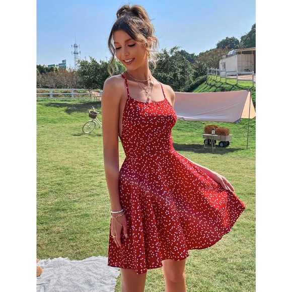 Boho Backless Heart Print Crisscross Tie Back Cami Dress red - Picture 2 of 9